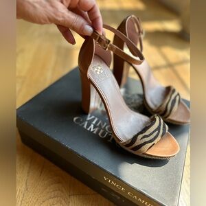 Vince Camuto Sandals - Camel leather & dark chocolate brown mohair foot strap